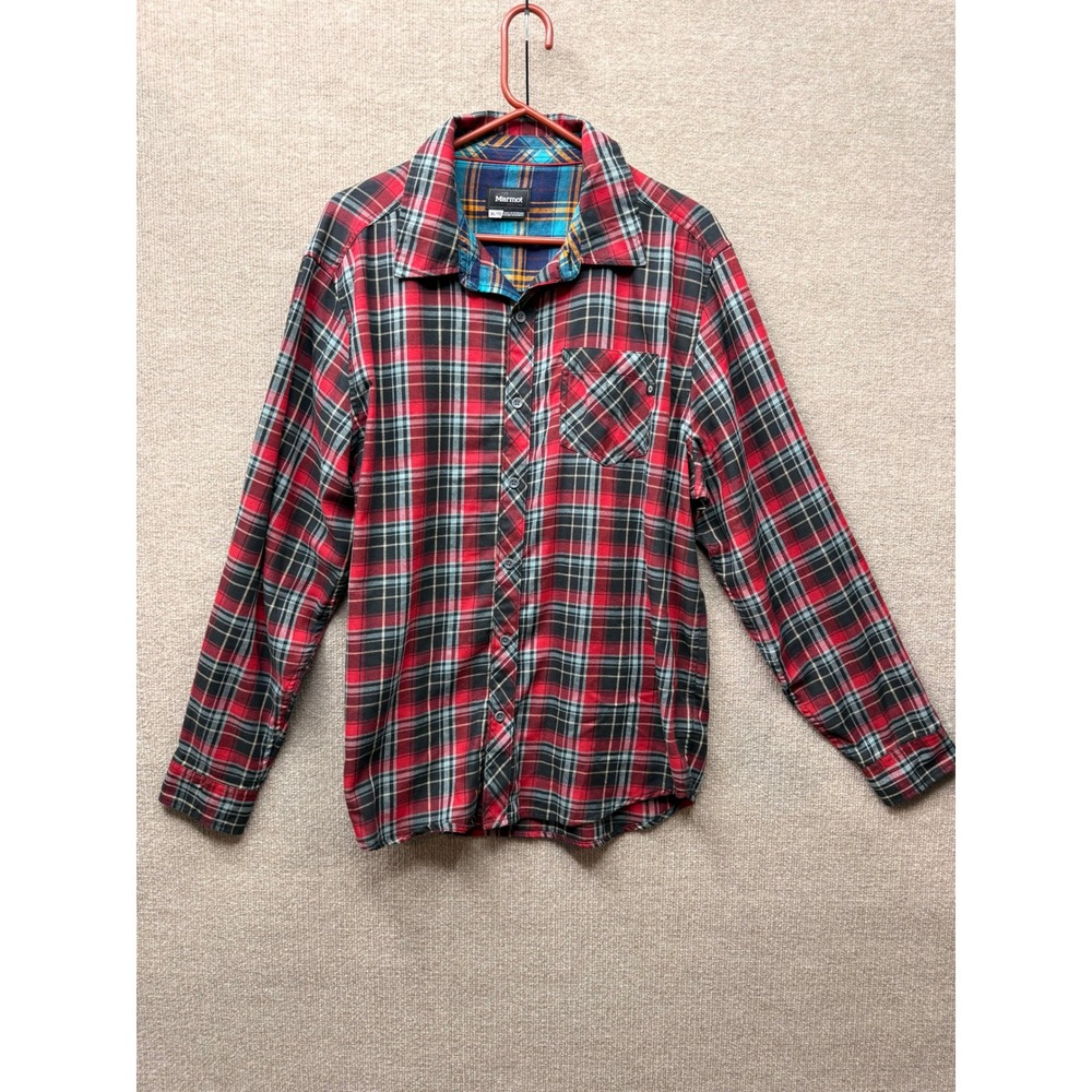 Marmot Mens XL Red Black Plaid Flannel Long Sleeve Button Down Shirt Pocket